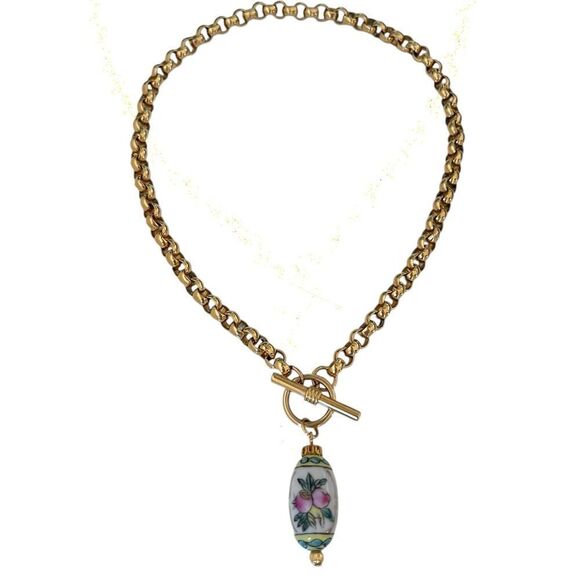 Chinese Porcelain Floral Bead Pendant Necklace - Picture 3 of 6